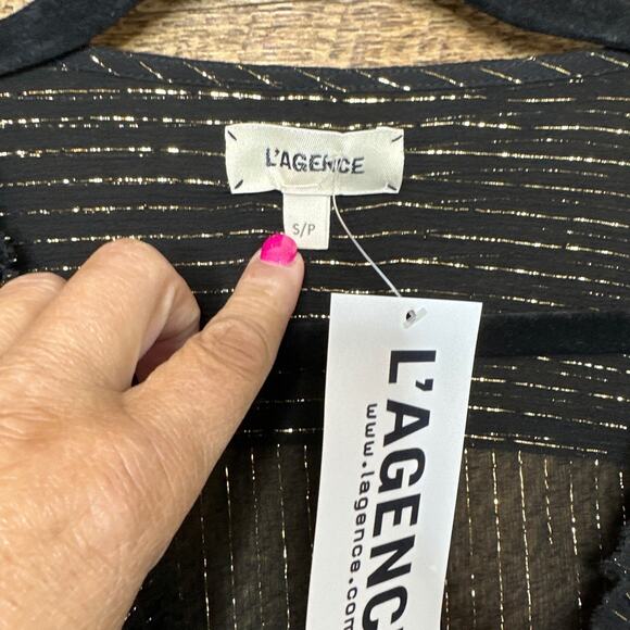 L'Agence Sheer Black silk Blouse with Metallic pinstripe Size Small NWT - Picture 2 of 3